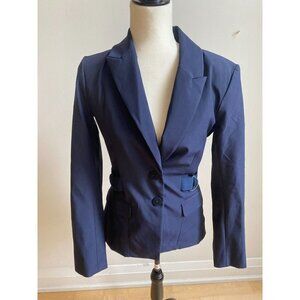 Jonathan Simkhai Sz small navy blue Blazer Jacket 2 button closure collar belt